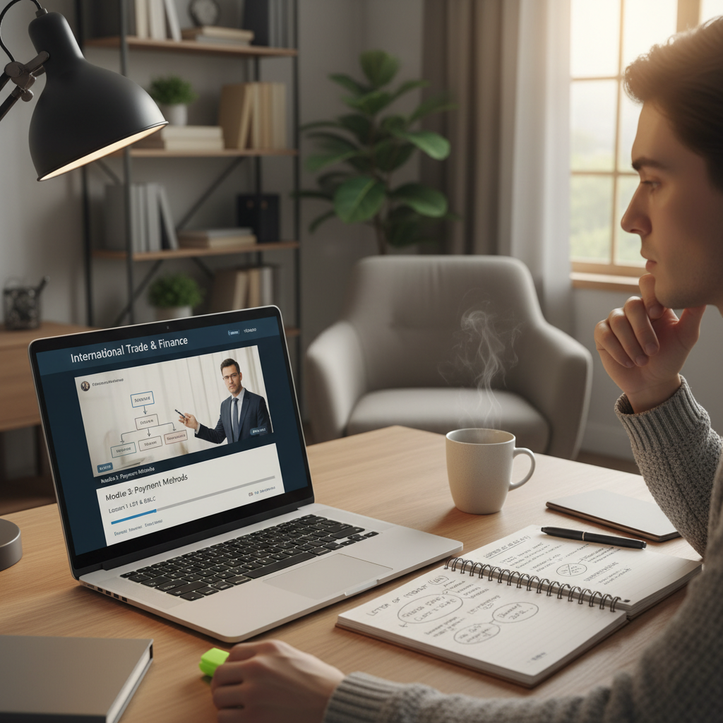 Students learning Global Trade online